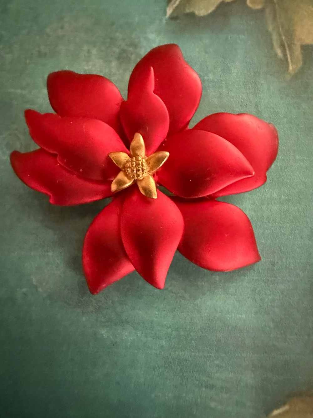 Red Floral Statement Brooch with Gold Center